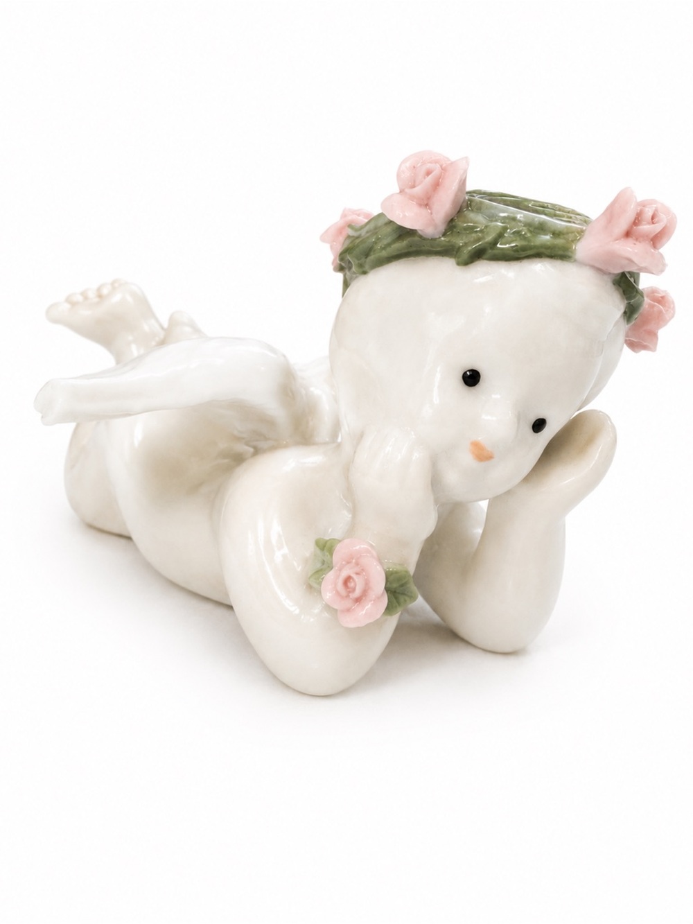 White Ceramic Reclining Cherub Angel Figurine Pink Rose Wreath Cottagecore Decor
